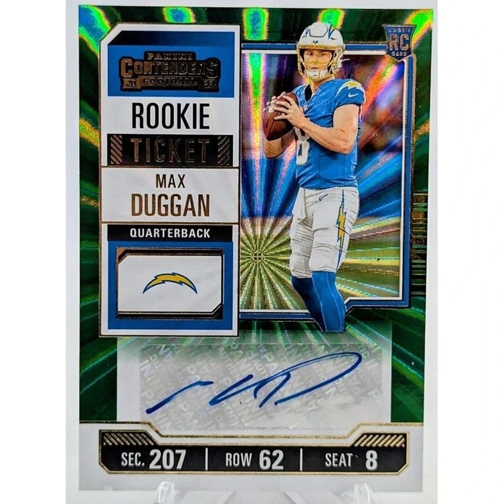 2023 Panini Contenders Max Duggan Green Laser RC Auto Rookie Ticket Chargers